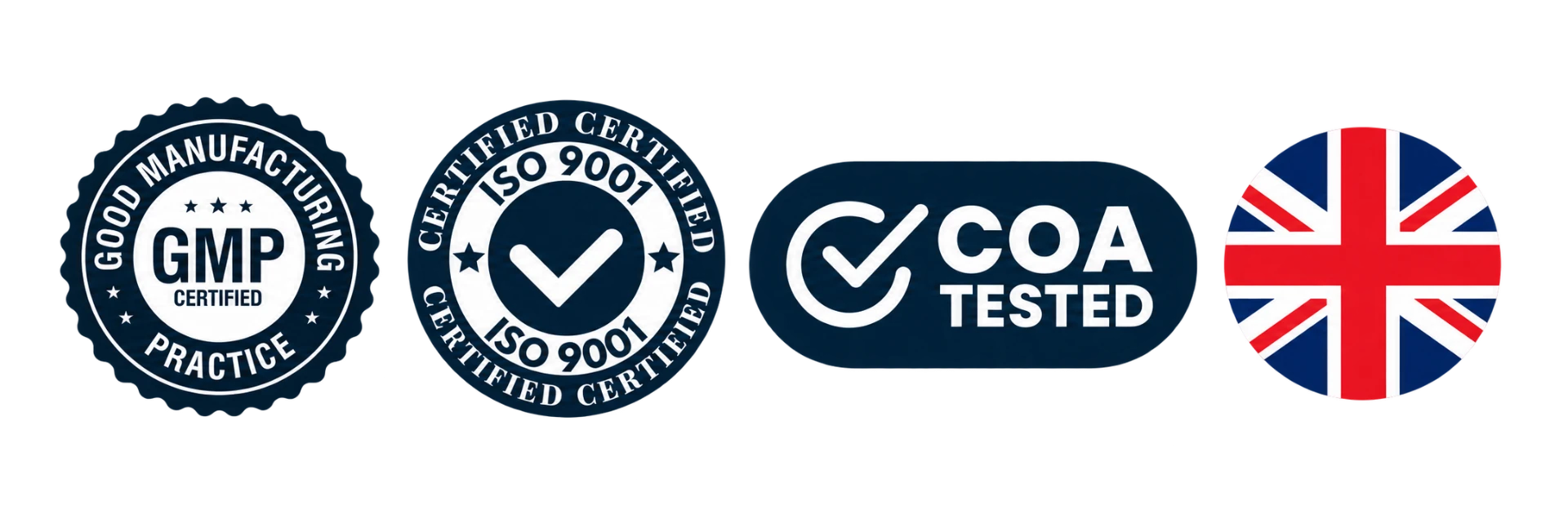 GMP Certified, ISO 9001 Certified, COA Tested, Made in the UK